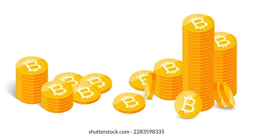Stack of bitcoins isolated on white background. Gold metal coins, big pile of money, jackpot concept, win, luck. Flat modern vector illustration, concept of cryptocurrency.