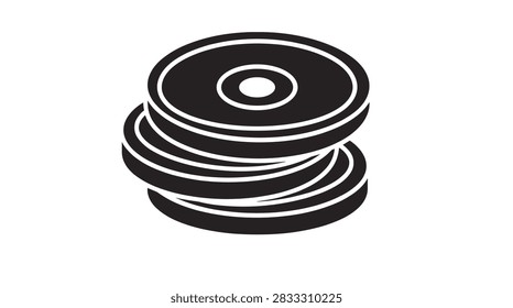 Stack of black compact discs or DVDs on a white background