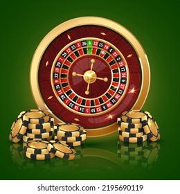 Stack of black with gold poker chips, tokens with golden casino roulette wheel on green background with reflection. Vector illustration for casino, game design, advertising.