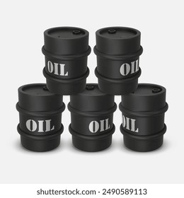Stack of black metal drum. 3D rendering. Vector illustration isolated on white. Barrel of oil. Dangerous chemical liquids, flammable gases, toxins, oils, radiation waste. Oil Industry, Petrol Sign