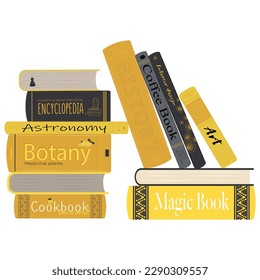 A stack of black and yellow books on a white background.