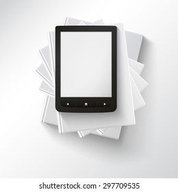 Stack of blank books with e-book, top view. Various blank books on white background for your desing and presentation, education simbol