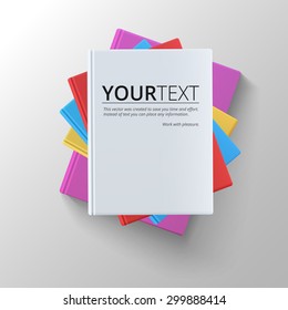 Stack of blank books, top view. Various blank color books on white background for your desing and presentation.