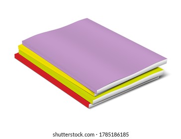 Stack of blank colored cover paperback books. Brochure, booklet, catalog or magazine pile. Vector template.