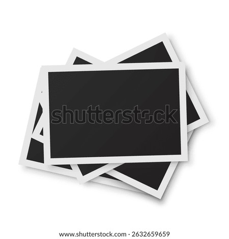 Stack of blank retro photo frames. Empty vintage photographs with white borders on white background. Collage template for memory album, scrapbook, or nostalgic design. Realistic vector illustration.