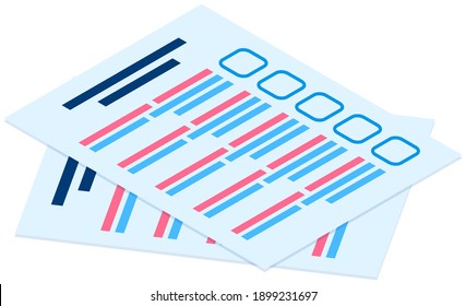 Stack of blank survey checklist sheets. Education test, questionnaire, document flat vector illustration. Offline exam and studying concept. Form for filling out answers isolated on white background