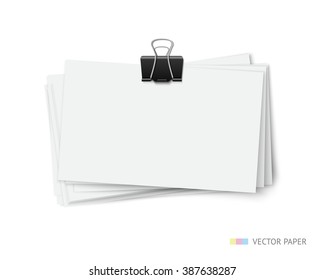 Stack Of Blank White Business Cards With Paper Clip Isolated On White Background. Twisted Stack Of Vector Paper Cards. Realistic Vector Illustration Of Paper Pieces With Shadow And Space For Info