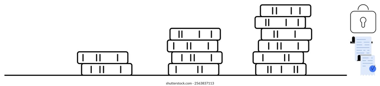 Stack of blocked content grows in height leading to a secured padlock icon. Ideal for cybersecurity data protection information security restricted access user authentication. Simple minimalist style