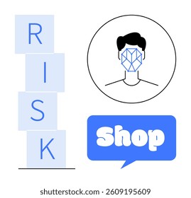 Stack of blocks spelling RISK, person with a geometric mask symbolizing digital identity in profile, and blue speech bubble with word Shop. Ideal for online shopping, cybersecurity, digital identity