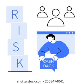 Stack of blocks spelling risk, three outline figures, person holding cash back sign with webpage background. Ideal for financial risk management, cash back programs, customer engagement, marketing