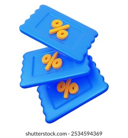 Pilha de cupons de desconto azul com símbolos de porcentagem, ideal para promoções em lojas de varejo, sites de comércio eletrônico ou restaurantes, elemento de design de ilustração vetorial 3d.