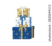 A stack of blue and gold gift boxes decorated with Star of David patterns on white background.