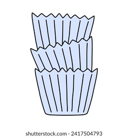 Pila de tazas de papel azul para panecillos o magdalenas, doodle accesorio de panadería, vector