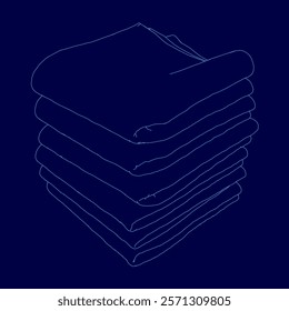 Stack of blue towels is shown in a blue background. The towels are stacked on top of each other, with the top towel being the largest. Concept of organization and cleanliness