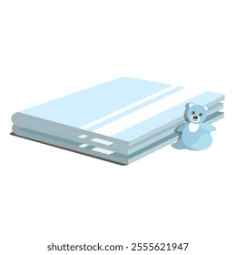 A stack of blue towels and a teddy bear toy, isolated on a white background.Vector illustration of a hygiene item.