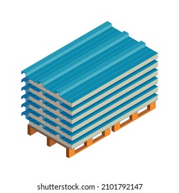 Stack Of Blue Wall Sandwich Panels On Wooden Pallet Isometric Icon Vector Illustration