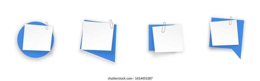 Stack of blue and white stickers attached metal paper clip with corner, ready for your message. Set of blue color stickers isolated on white wall background. illustration set paper Front wall view