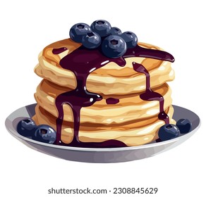 Stack of blueberry pancakes with honey syrup over white