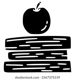 stack of book and apple hand drawn glyph illustration