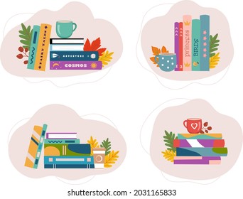 Stack of book with cup of tea or coffe and autumn leaves. Reading concept.  Autumn reading. I love reading concept for bookstore, library. Vector illustration.