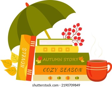 Stack of book with cup of tea or coffe, umbrells and autumn leaves. Reading concept.  Autumn reading. I love reading concept for bookstore, library. Vector illustration.