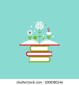 Stack of book with flowers, brain and sprouts isolated on blue background. Vector flat illustration. Magic fairytale reading logo. Imagination, inspiration and fantasy. knowledge day. Back to school