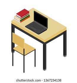 Stack of book and laptop computer on the table isometric view. Education concept