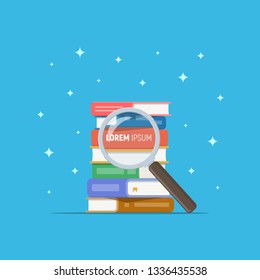 Stack of book with magnifying glass. Search book in pile. Reading, education, literature, bookstore. Vector illustration in flat style.