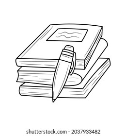 Stack of book with pencil, with hand drawn outline vector sketch illustration