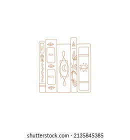 Stack of book spines, books on shelf, gold simple contour line, boho style. Witch symbol and mystic design element. Hand drawn vector illustration isolated on white background. Modern flat style.