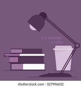 Stack of book in surreal environment with lamp