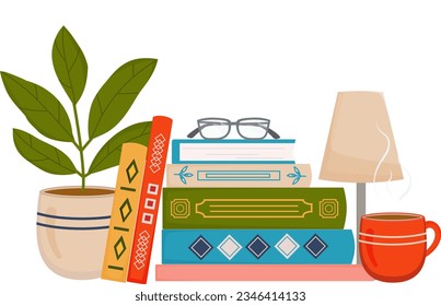 Stack of book with table lamp,cup of hot drink, house plant and glasses. Reading cocept. Vector illustration in flat style for store, shops, libraries, book clubs. 