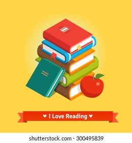 Stack of book tomes with apple. Knowledge and education concept. Flat style vector isolated illustration.