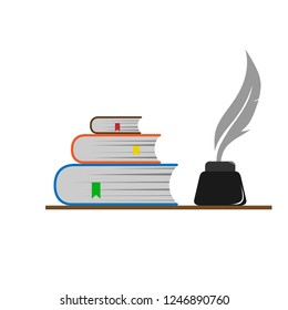 A stack of bookmarked books and a pen in the inkwell.