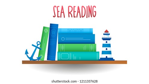 A stack of books about the sea and adventures. Near the lighthouse, anchor and ship as symbols of sea travel. The concept of favorite books for reading, literature for boys or a maritime theme. Green 
