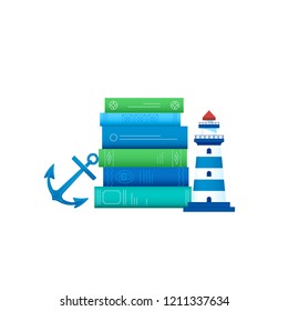 A stack of books about the sea and adventures. Near the lighthouse, anchor and ship as symbols of sea travel. The concept of favorite books for reading, literature for boys or a maritime theme. Green 