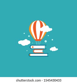 Stack of books with air balloon and clouds isolated on blue background. Vector flat illustration. Fantasy, fairytale, creative, reading logo. Imagination and inspiration picture. 