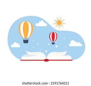 Stack of books with air balloon. Fantasy, fairy tale. Imagination and inspiration picture.Vector flat illustration. Eps 10