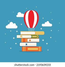 Stack of books with air balloon. Fantasy, fairy tale. Imagination and inspiration picture.Vector flat illustration. EPS 10.