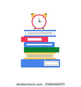 Stack Of Books With Alarm Clock In Flat Vector Illustration Symbolizing Education, Time Management, Study Schedule, And Learning, Isolated On White Background