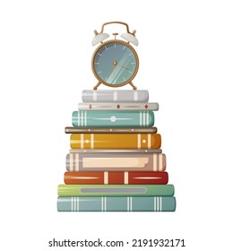 Stack of books with alarm clock. Vector illustration. Education, school, business concept. For students, bookstore, lovers of literature