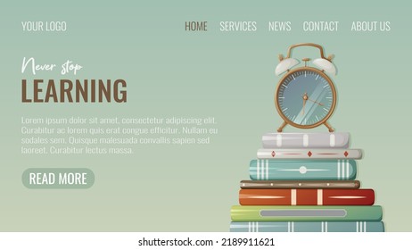 Stack of books with alarm clock, website interface template. Vector illustration. Never stop learning, reading. For students, schoolchildren, lovers of literature