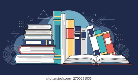 Stack of books alongside an open book, on a dark background with abstract geometric shapes, representing knowledge.