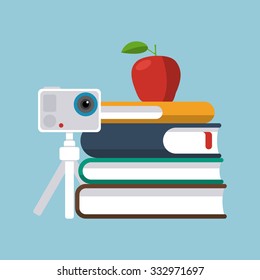 Stack of books, apple and camera. Web education, remote learning or business seminar concept. Flat style.