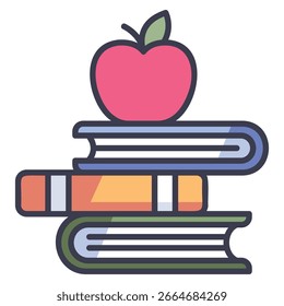 Stack of Books with Apple, Colorful Illustration for Education a