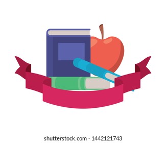 stack of books with apple fruit and ribbon