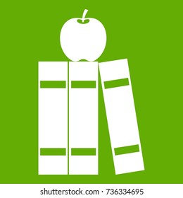 Stack of books and apple icon white isolated on green background. Vector illustration