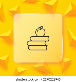 Stack of books with apple line icon. Tick, note, bookmark, reading list, marker, library, education, author, literature, Writer. Author concept. Glassmorphism style. Vector line icon for Business