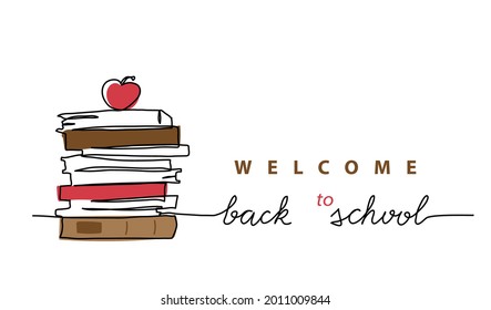 Stack of books with apple on the top. Back to school minimalist vector web banner, poster, background. One continuous line drawing illustration of books.