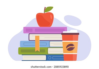 Stack of books with an apple on top and a cup of coffee standing next to it. Мodern flat vector illustration